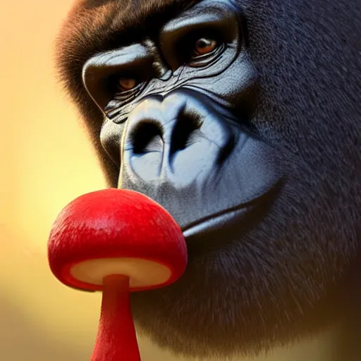 Prompt: animation key shot of a gorilla holding a very small red mushroom, chilled out smirk on face, studio ghibli, pixar and disney animation, sharp, rendered in unreal engine 5, anime key art by greg rutkowski, bloom, dramatic lighting made by banksy