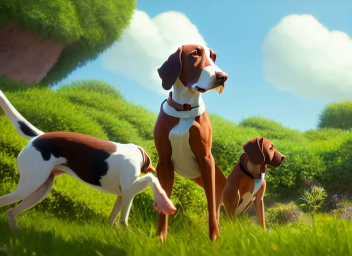 Prompt: a wholesome animation key shot of two brown english pointer dogs, studio ghibli, pixar and disney animation, sharp, rendered in unreal engine 5, anime key art by greg rutkowski, bloom, dramatic lighting