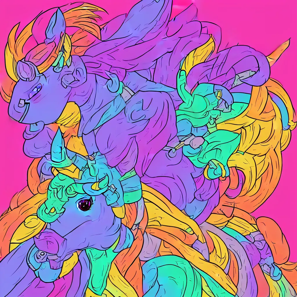 Image similar to Rainbow Robot Unicorn profile picture for social media sites. Limited palette, crisp vector lines