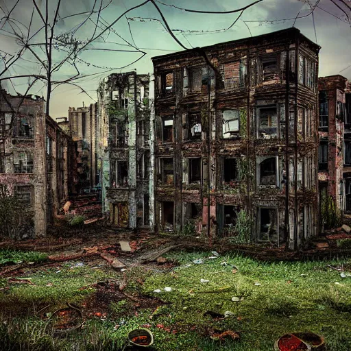 Prompt: photorealistic photograph of an abandoned dilapidated overgrown city, afternoon, bloom