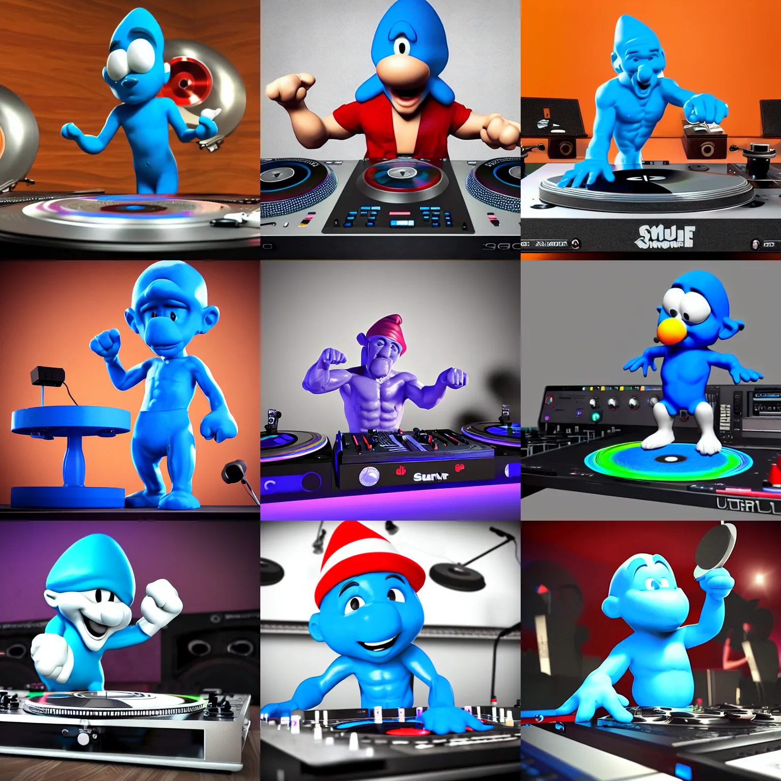 Prompt: 3d rendered muscular smurf DJing with DJ turntables, unreal