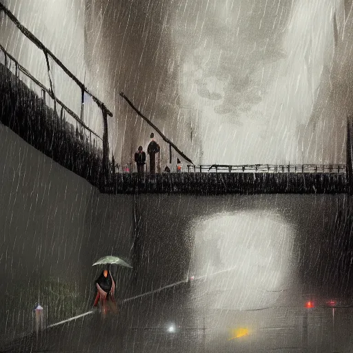 Image similar to person in deep dark despair, under bridge, wile its raining, trending on artstation, anime 4 k