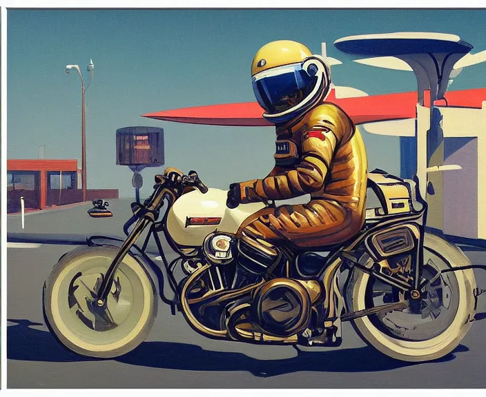 Image similar to a very detailed painting of a astronaut wearing a suit, riding a motorbike down a street, harley davidson motorbike, worm's - eye view, very fine brush strokes, very aesthetic, very futuristic, in the style of edward hopper and grant wood and syd mead, 4 k,