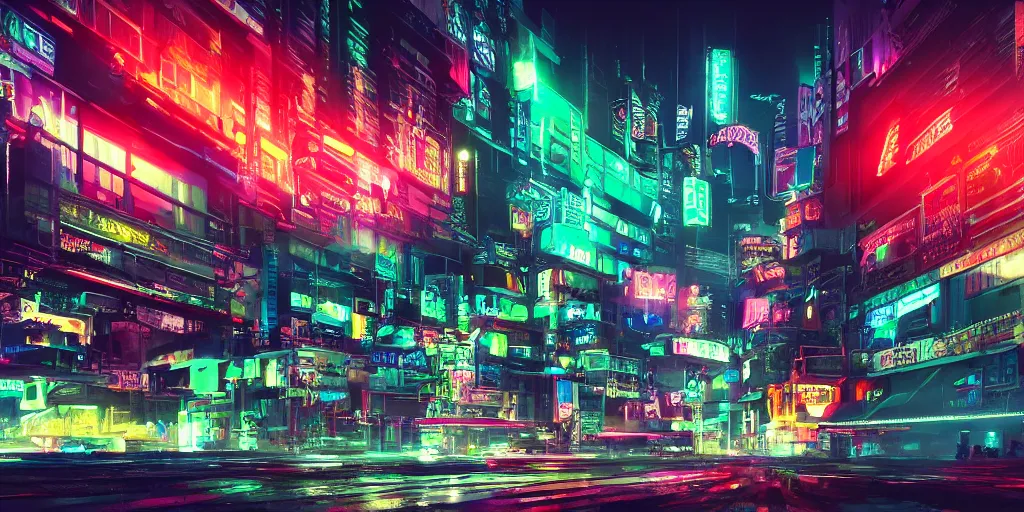 Image similar to Hyper detailed digital art of a cyberpunk city, neon lights, nighttime, 4k, ultra realistic, view from the streets