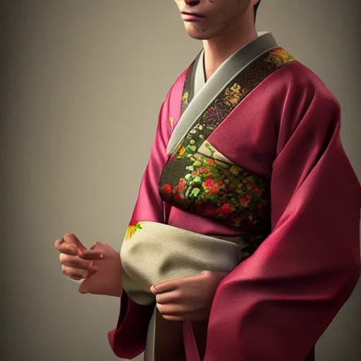 Image similar to Japanese Emmanuel Proulx wearing kimono, realistic, photo studio, HDR, 8k, trending on artstation