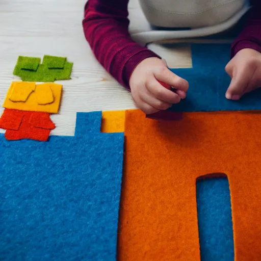 Prompt: a person crafting a school out of felt, photography, table, pov,