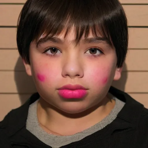 Prompt: cropped portrait of 8 year old boy, big thick lips, face is bright pink, thin eyebrows, short light brown hair, facebook update