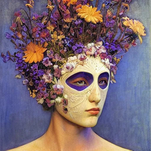 Image similar to masterpiece painting of a facemask made of stylized flowers, by annie swynnerton and jean delville and tino rodriguez and john watkiss, flower mask, art deco shaman, symbolist, dramatic lighting, god rays, elaborate geometric ornament, modern realism, clean crisp graphics, soft cool colors, smooth, sharp focus, extremely detailed