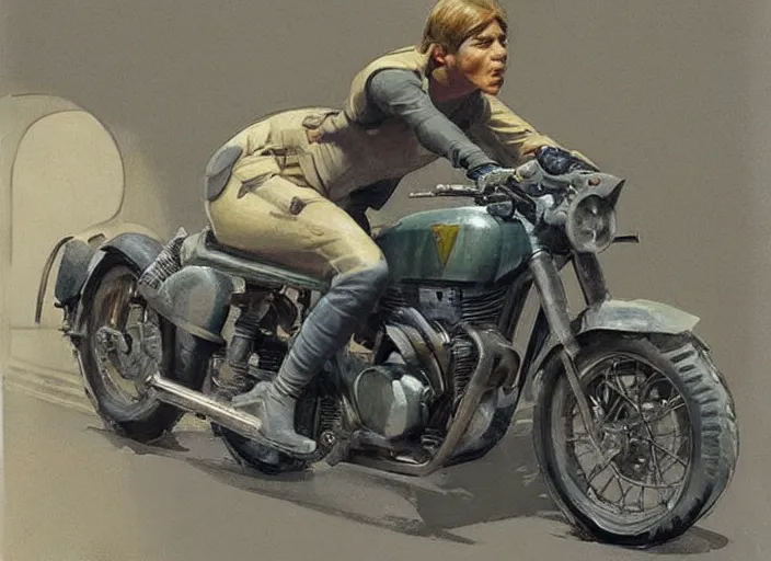 Prompt: ( ( ( ( ( classic ralph mcquarrie star wars concept art, 1 9 5 0 s scrambler, 1 9 6 0 s cafe racer, n, painting, star wars ) ) ) ) ) by ralph mcquarrie!!!!!!!