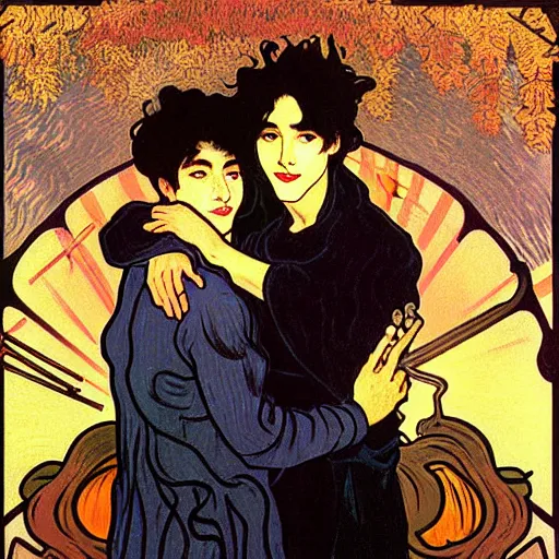 Image similar to painting of young cute handsome beautiful dark medium wavy hair man in his 2 0 s named shadow taehyung and cute handsome beautiful min - jun together at the halloween party, bubbling cauldron, candles, smoke, tarot, autumn colors, elegant, stylized, soft facial features, delicate facial features, art by alphonse mucha, vincent van gogh, egon schiele