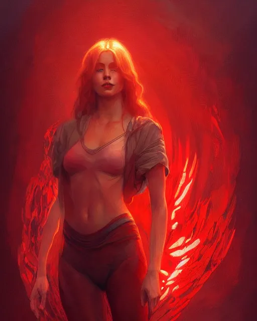 Image similar to emily rajtkowski, lake, red, flames everywhere, highly detailed, digital painting, artstation, concept art, smooth, sharp focus, illustration, art by artgerm and greg rutkowski and alphonse mucha