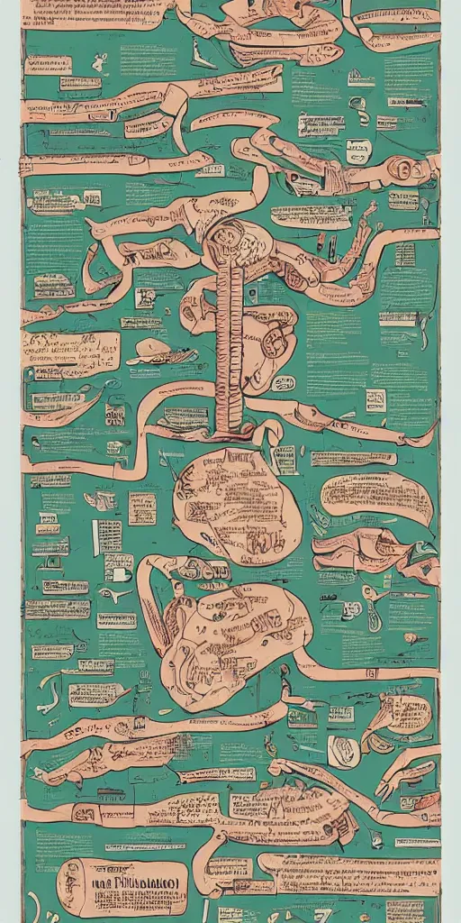 Image similar to anatomy of a futurama, diagrams, map, marginalia, sketchbook, old script, inhabited initials, pastel infographic by Wes Anderson and victo ngai