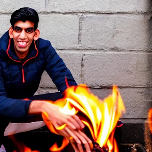 Image similar to photo of rishi sunak throwing money into a fire in a cold house