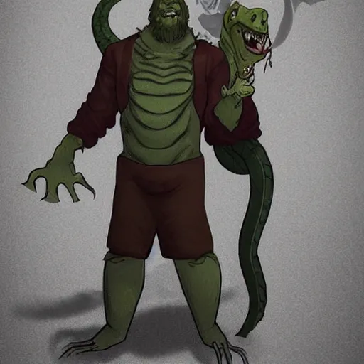 Image similar to a large lizard man that guards a dangerous criminal who has a dislocated jaw, character design