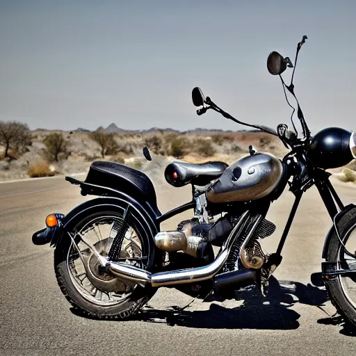 Image similar to a ball shaped motorcycle on route66 3d 8k photo