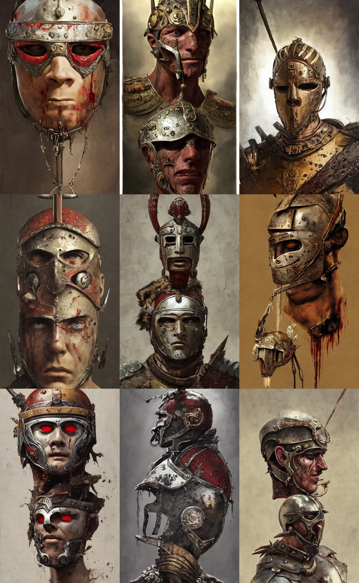 Image similar to A mixed media portrait painting of a man wearing the roman gladiator mask-of-Damocles, detailed mask, detailed jaw and eyes, dried blood, by Frank Frazetta, Greg Rutkowski, Beeple, Yoko Taro, Christian MacNevin, epic fantasy character art, roman numerals, high fantasy, CGsociety, full length, exquisite detail, post-processing, masterpiece, cinematic