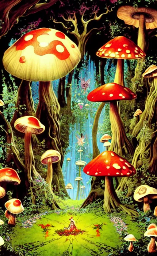 Image similar to fairies, enchanted forest, mushrooms on the ground, psychedelic, wide angle shot, white background, vector art, illustration by frank frazetta and salvador dali