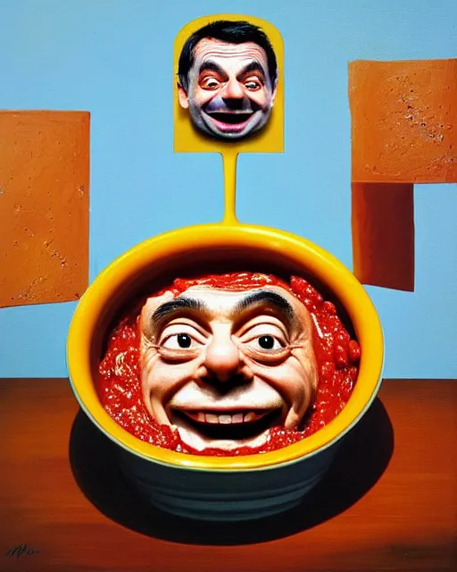 Image similar to portrait of mr bean smiling in a bowl full of baked beans, face covered in beans and tomato sauce, rowan atkinson, mr bean face, surrealist oil painting, highly detailed