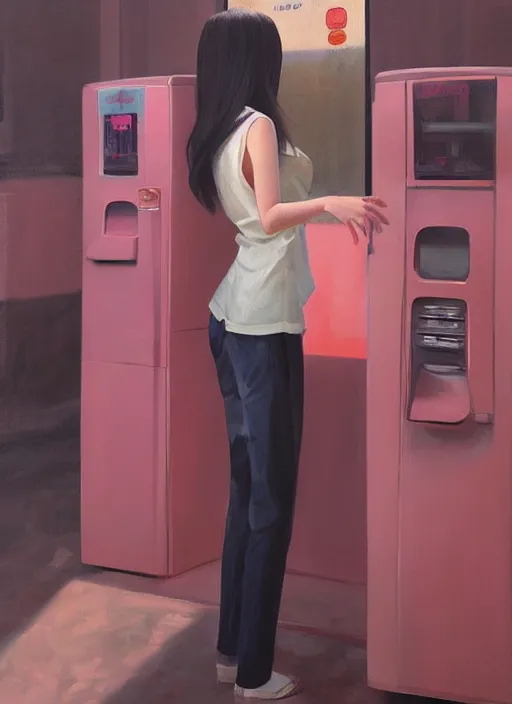 Prompt: oil painting by ilya kuvshinov,, baugh casey, rhads, coby whitmore, of a youthful japanese beauty, long hair, standing holding a outdoors by vending machines, highly detailed, breathtaking face, studio photography, dawn, intense subsurface scattering, blush, supple look, innocence, intense sunlight