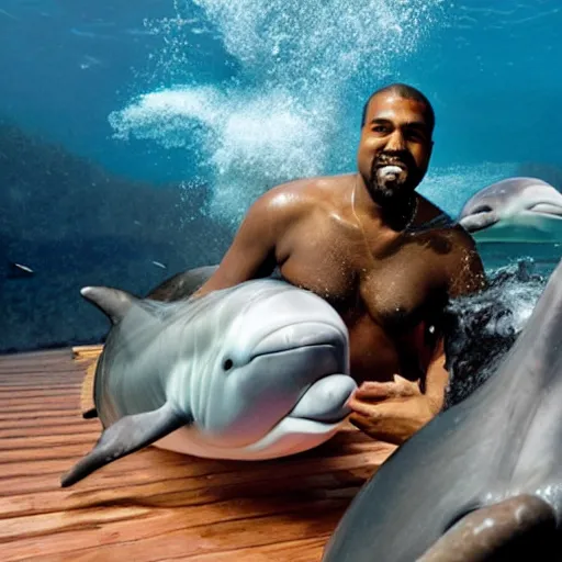 Prompt: kanye west swimming with dolphins