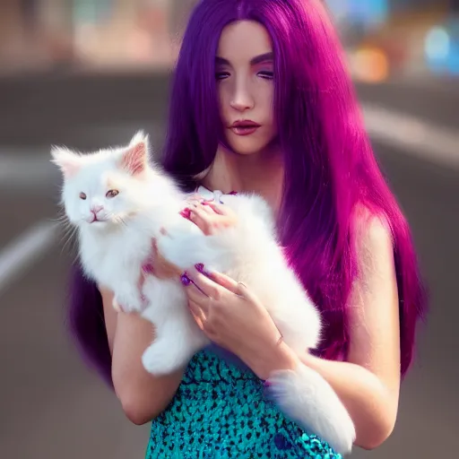 Prompt: Full body photo of a beautiful girl with long purplish red hair standing at the bus stop, wearing a puffed Turquoise dress and high heels, holding a white fluffy kitten, hyperrealistic, highly detailed, highly focused, depth of field, High definition, 8k, octane render, artstation