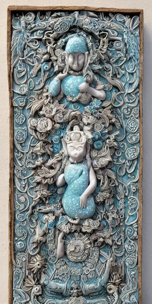 Image similar to intricate colourfully painted carved Soapstone relief paneling, white and pale blue , celestial, piggy, pig goddess, mother earth, Earth Goddess mythology, Gaia, angels, divinity, Ghostly, crystaline celtic, insanly detailed , artstation, wallpaper, hyper realistic, realistic lighting