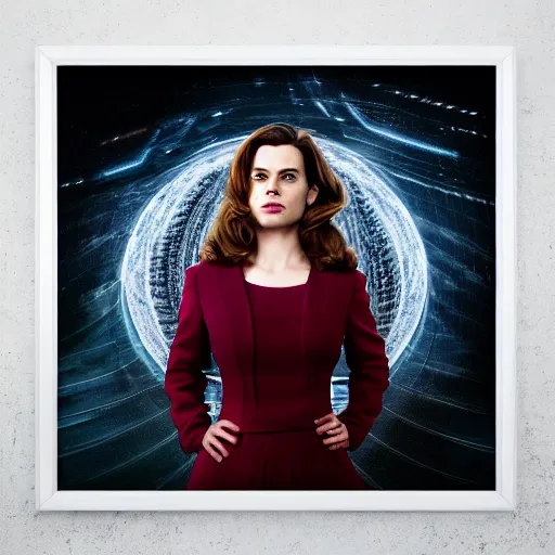 Image similar to a full body photograph of hayley atwell as'doctor who ', time vortex in the background, detailed face, symmetrical face, extreme realism and detail, 8 k, completely framed, direct lighting, 3 5 mm photo, photorealistic, sharp focus