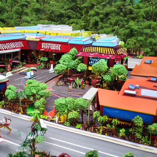 Image similar to A diorama of a shopping center in the middle of the Jungle