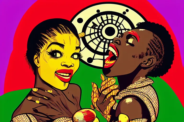 Image similar to mama africa laugh at her child!!! pop art, pixel, bioshock, gta chinatown, artgerm, richard hamilton, mimmo rottela, julian opie, aya takano, intricate, sharp focus, concept art, smooth, focus on details