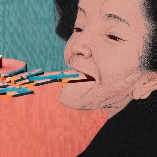 Image similar to closeup of my grandma eating crayons, melting down all over her body, in the style of kawase hasui james jean, muted neon colors, artstation trending, 8 k, 3 d render, photorealistic, volumetric lighting caustics, black and white, detailed af