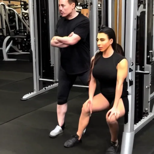 Image similar to elon musk and kim kardashian stretching at a gym