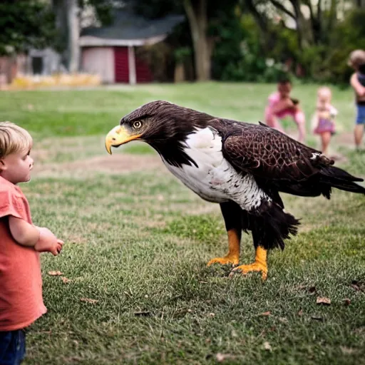 Image similar to An award winning snapshot of a beautiful eagle pitbull hybrid, playing with the children in the back yard.