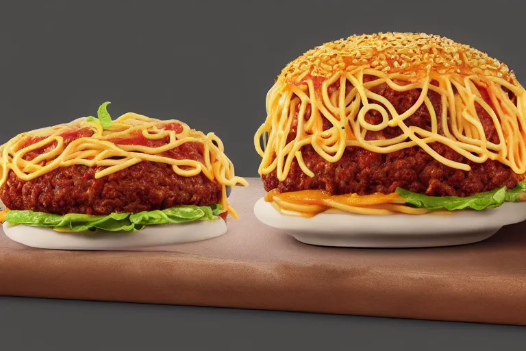 Image similar to mcdonalds spaghetti burger, commercial photograph