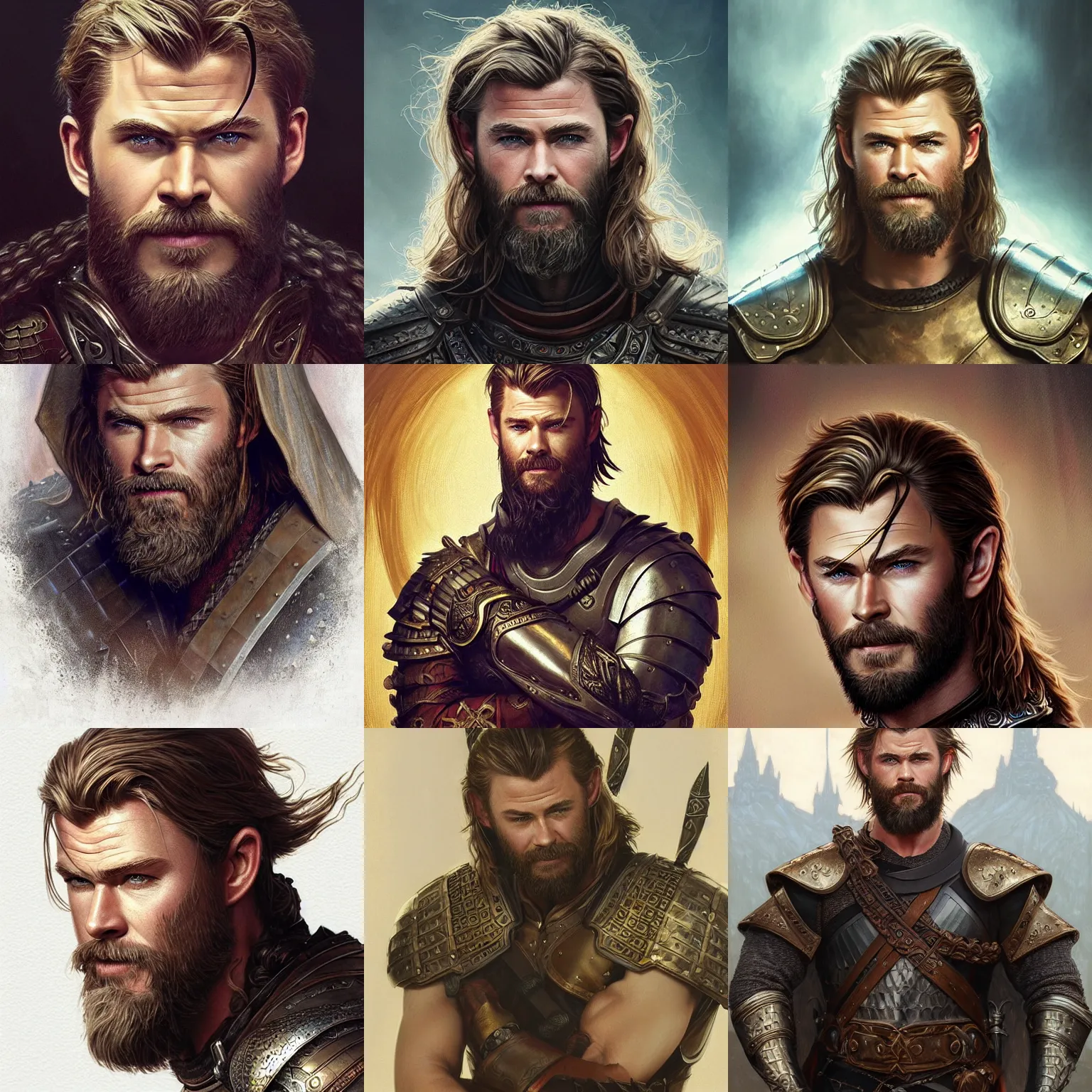 Prompt: portrait of bearded chris hemsworth wearing medieval armor, D&D, fantasy, elegant, intricate, headshot, highly detailed, digital painting, artstation, concept art, sharp focus, illustration, art by artgerm and greg rutkowski and alphonse mucha