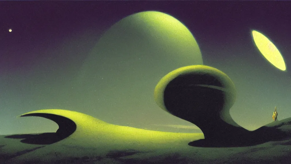 Image similar to mysterious whimsical sculpture of an alien crescent moon by paul lehr and john schoenherr and john harris, cinematic matte painting
