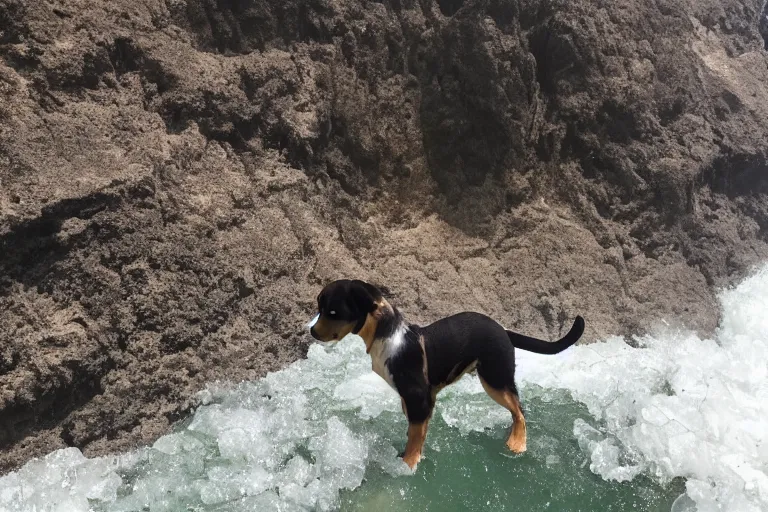 Prompt: a puppy is looking directly at the extreme water current below while it stands at an edge of a cliff