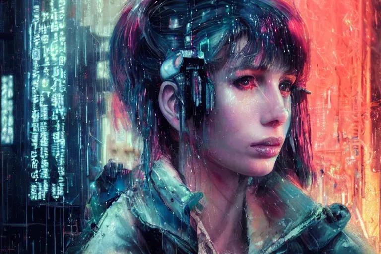 Image similar to detailed film still of portrait neon operator lady emma roberts in the movie blade runner, messy ponytail, cyberpunk futuristic, neon, reflective puffy coat, decorated with traditional japanese by ismail inceoglu dragan bibin hans thoma greg rutkowski alexandros pyromallis nekro, illustrated, perfect face, fine details, realistic shaded, fine - face, pretty face