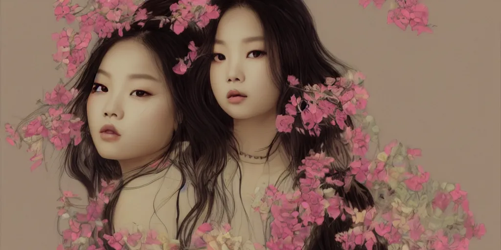 Image similar to a portrait of a very seductive Jennie Kim Blackpink, hair full of flowers, photoillustration, realistic, closeup, facing the camera, dramatic lighting, in the style of WLOP and Alphonse Mucha and Kim Deuk-sin
