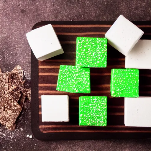 Prompt: photograph of a marshmallow cube with sprinkles on a dark wooden chopping board, chocolate drizzle, green pastel colours, hessian cloth, styled food photography, photorealistic, 4 k