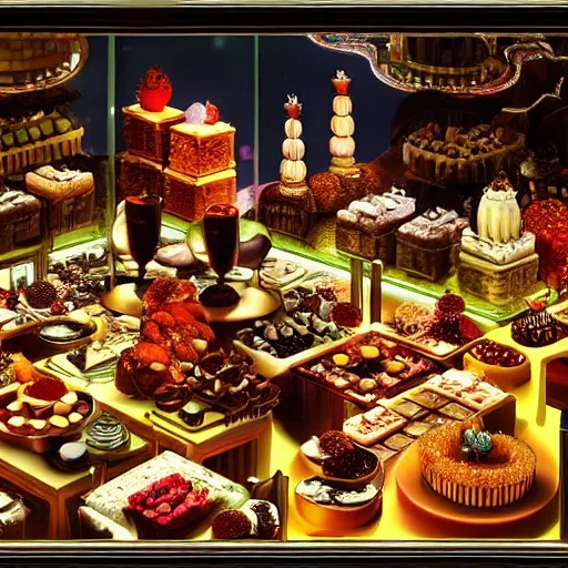 Prompt: dream city made of desserts, yummy food, exotic, cinematic lighting, by caravaggio