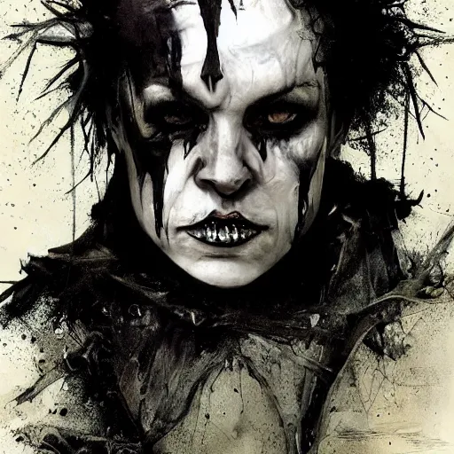 Image similar to emaciated ( the cure fan ) as dream from sandman, dim stars as eyes, by jeremy mann, by cedric peyravernay, by by russ mills, by richard avedon and ben templesmith, dramatic lightning, sadness, dark eye sockets, in the shadows, punk rock, gothic, high detailed, 8 k