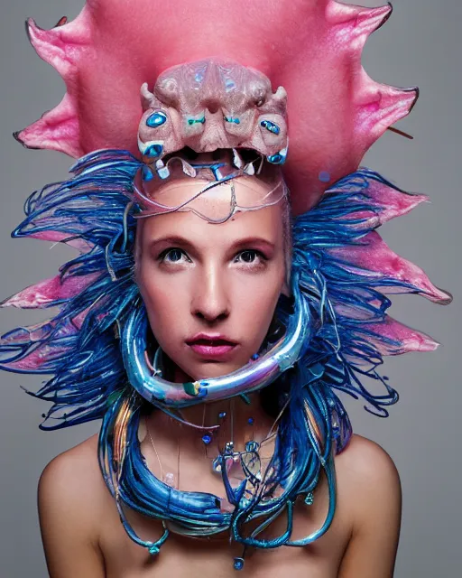 Image similar to natural light, soft focus portrait of a cyberpunk anthropomorphic angler fish with soft synthetic pink skin, blue bioluminescent plastics, smooth shiny metal, elaborate ornate head piece, piercings, skin textures, by annie leibovitz, paul lehr