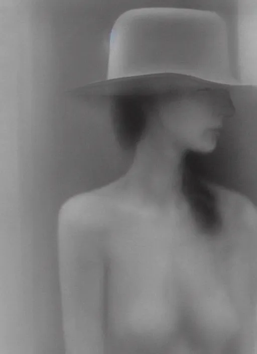 Prompt: out of focus photorealistic portrait of a beautiful aesthetic pale woman by saul leiter, very blurry, translucent white skin, closed eyes, foggy, with a copper hat