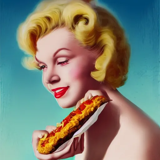 Prompt: artwork costume design: Marily Monroe as a 1950s bible salesman eating a massive hamburger, voluptuous sesame seed bun, extra ketchup and pickles and onions . By Greg Rutkowski, Ilya Kuvshinov, WLOP, Stanley Artgerm Lau, Ruan Jia and Fenghua Zhong, trending on ArtStation, made in Maya and Photoshop, octane render, excellent composition, cinematic atmosphere, dynamic dramatic cinematic lighting, aesthetic, very inspirational, arthouse