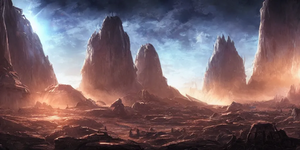 Prompt: ancient futuristic civilization in another planet, dramatic lighting, cinematic establishing shot, extremely high detail, photorealistic, cinematic lighting