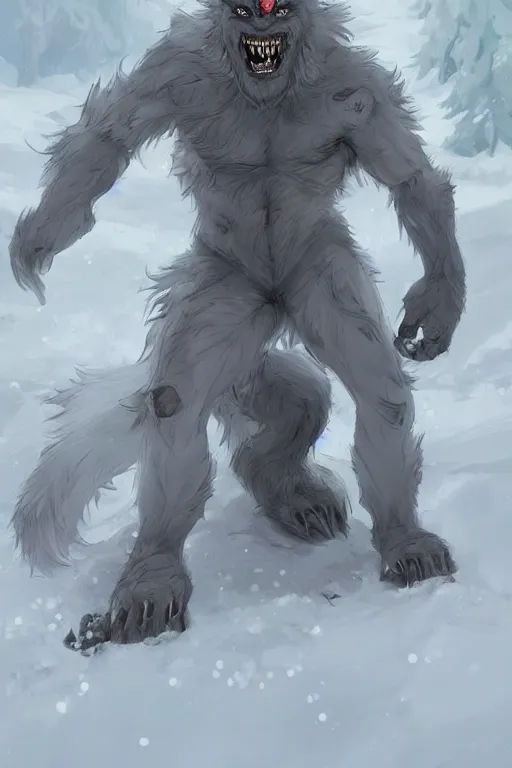 Prompt: a monster werewolf in the snow, snowy. By Makoto Shinkai, Stanley Artgerm Lau, WLOP, Rossdraws, James Jean, Andrei Riabovitchev, Marc Simonetti, krenz cushart, Sakimichan, trending on ArtStation, digital art.