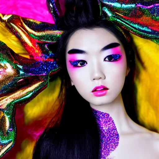 Image similar to japanese model with maximalist hair style and makeup, bright colors, fashion model, portrait shot, glitter, depth of field, 8 k, hyper detailed, intricate, trending on artstation