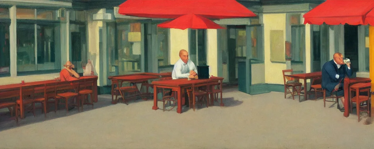 Prompt: a casually-dressed middle-aged man drinking a beer on a patio, picture in the style of Edward Hopper