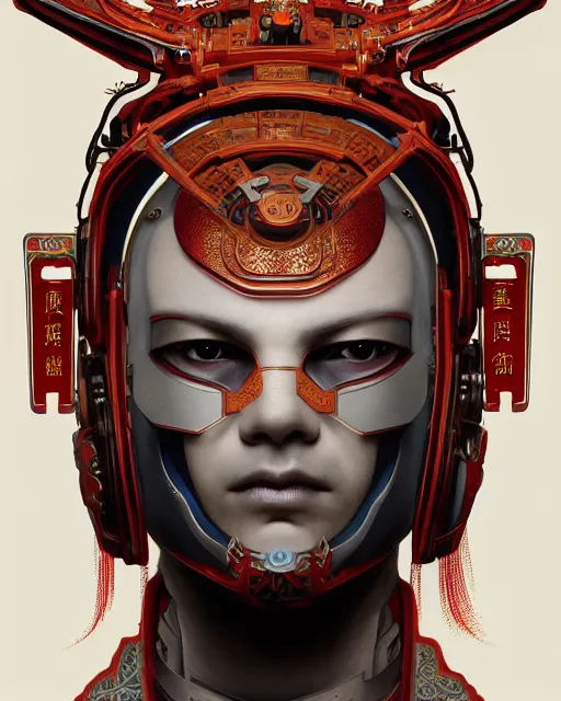 Prompt: portrait of a male cyberpunk machine, machine face, upper half portrait, decorated with chinese opera motifs, asian, fine china, wuxia, traditional chinese art, intricate, elegant, highly detailed, symmetry, headpiece, digital painting, artstation concept art smooth sharp focus, illustration, art by artgerm and greg rutkowski alphonse mucha 8 k