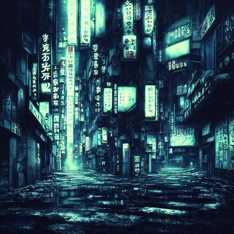 Prompt: surreal abandoned dark street in tokyo, cyberpunk, broken lights neon ads, dark clouds, surreal abandoned buildings, dream-like heavy atmosphere, baroque painting, beautiful detailed intricate insanely detailed octane render trending on Artstation, 8K artistic photography, photorealistic, dramatic volumetric cinematic perfect light, chiaroscuro, award-winning photograph, masterpiece, Raphael, Caravaggio, Beksinski, Giger